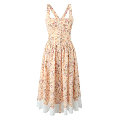 Slash Collar Flower Print Corset Style Pleated Midi Dress