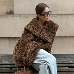 Leopard Print Faux Fur Shawl Collar Coat
