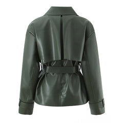 Belted Lapel Collar Faux Leather Jacket
