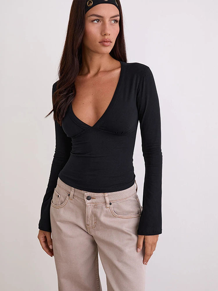 Deep V Neck Long Sleeve Top