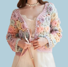 Patchwork Floral Crocheted Knitwear V Neck Hooked Sweater