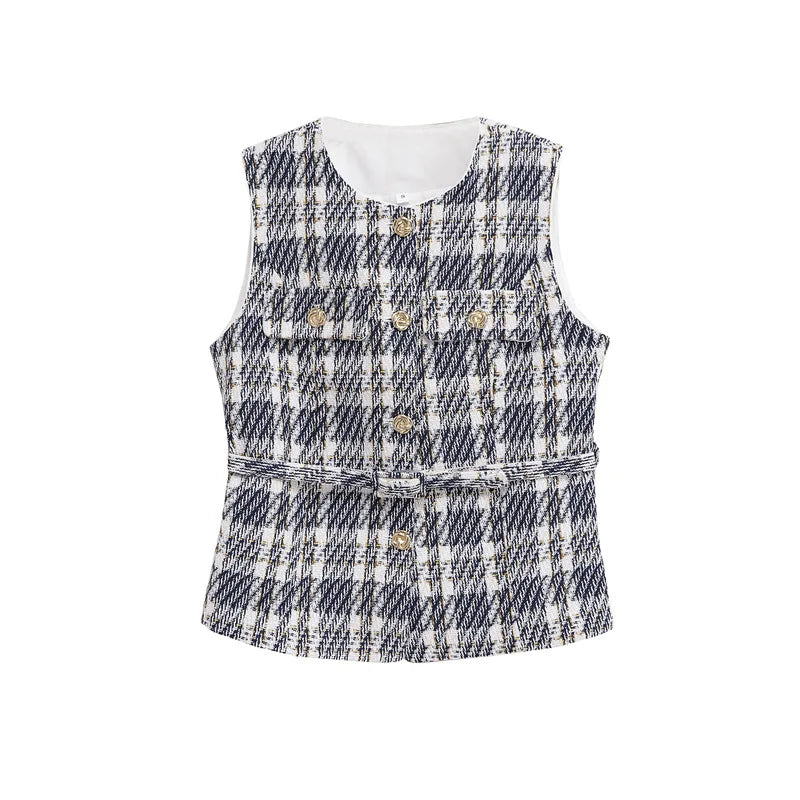 Plaid patterned vest with buttons on a white background