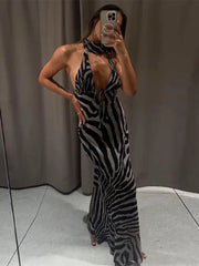 Zebra Print Halter Tie Maxi Dress