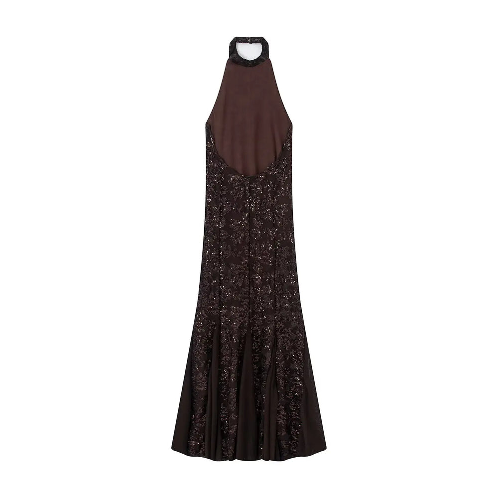 Brown evening gown with sequin detailing on a white background