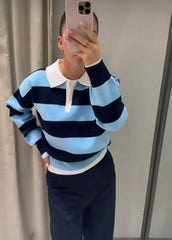 Striped Polo Collar Knit Top