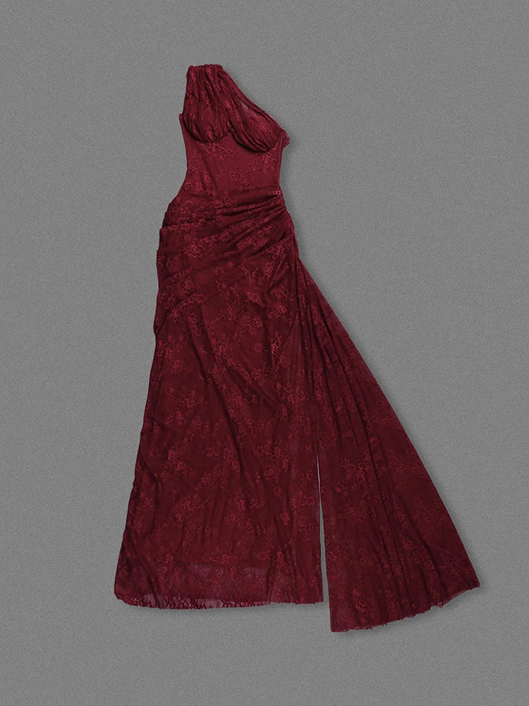 Red evening gown on a gray background