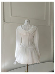 White Pleated V-Neck Long Sleeve Wrap Mini Dress