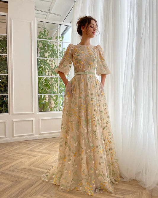 Embroidery Lace Puff Sleeves A Line Evening Dress with Pocket
