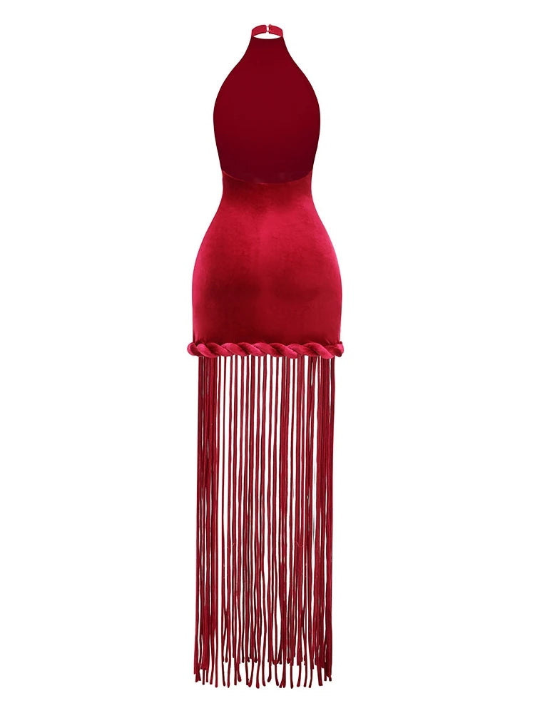 Red dress with fringe details on a white background