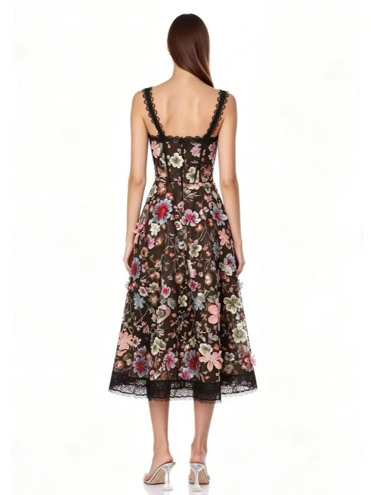 Floral lace midi dress with spaghetti straps