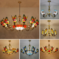 Collage of a colorful butterfly-themed chandelier in various lighting conditions.
