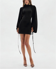 Black puff sleeve turtleneck mini dress