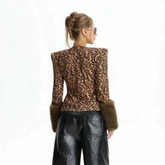 Leopard Print Fur Trim Long Sleeve Top