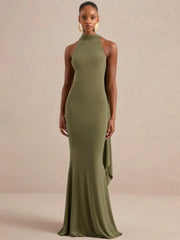 Halter cape maxi dress in olive green