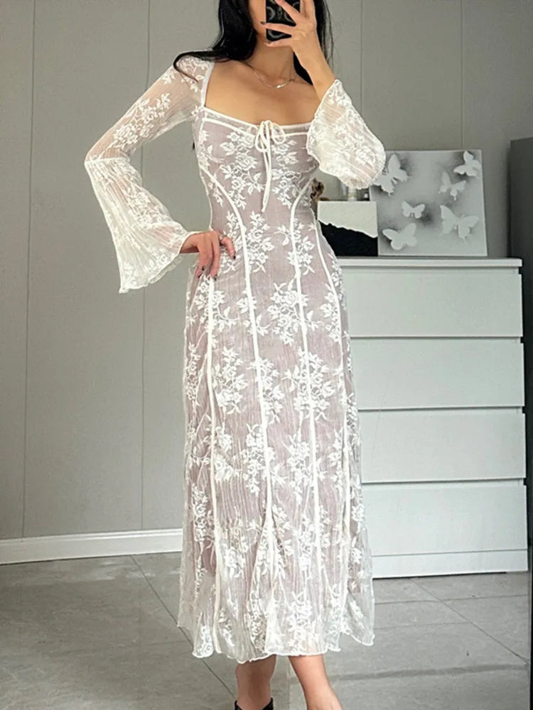 Square Neck Print Long Sleeve Lace Ankle Length Dress