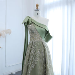 One Shoulder Olive Green Cape Sleeves Side Slit Gown