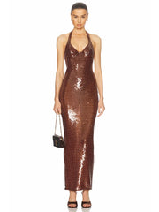 Woman wearing a brown sequin dress 