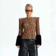 Leopard Print Fur Trim Long Sleeve Top
