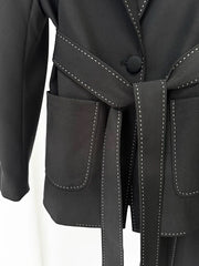 Contrast Stitching Belted Blazer and Wide-Leg Pants Suit
