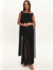 Black draped cowl neck mesh maxi dress