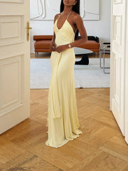 Halter neck ruched maxi dress on model