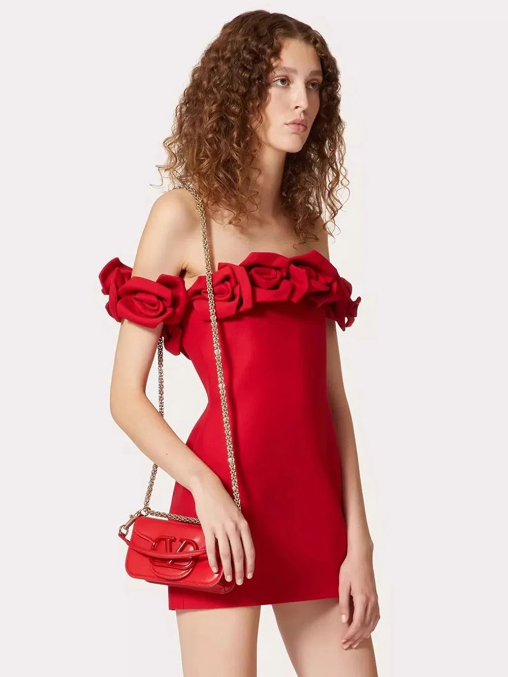 Open Shoulder 3D Rose Flower Sleeveless Red Mini Dress