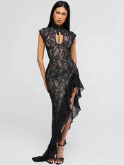 Mesh Lace Ruffled Black Hollow Out Long Dress