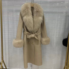 Women Blended Wool Long Jacket With Belt Fox Fur Cuff