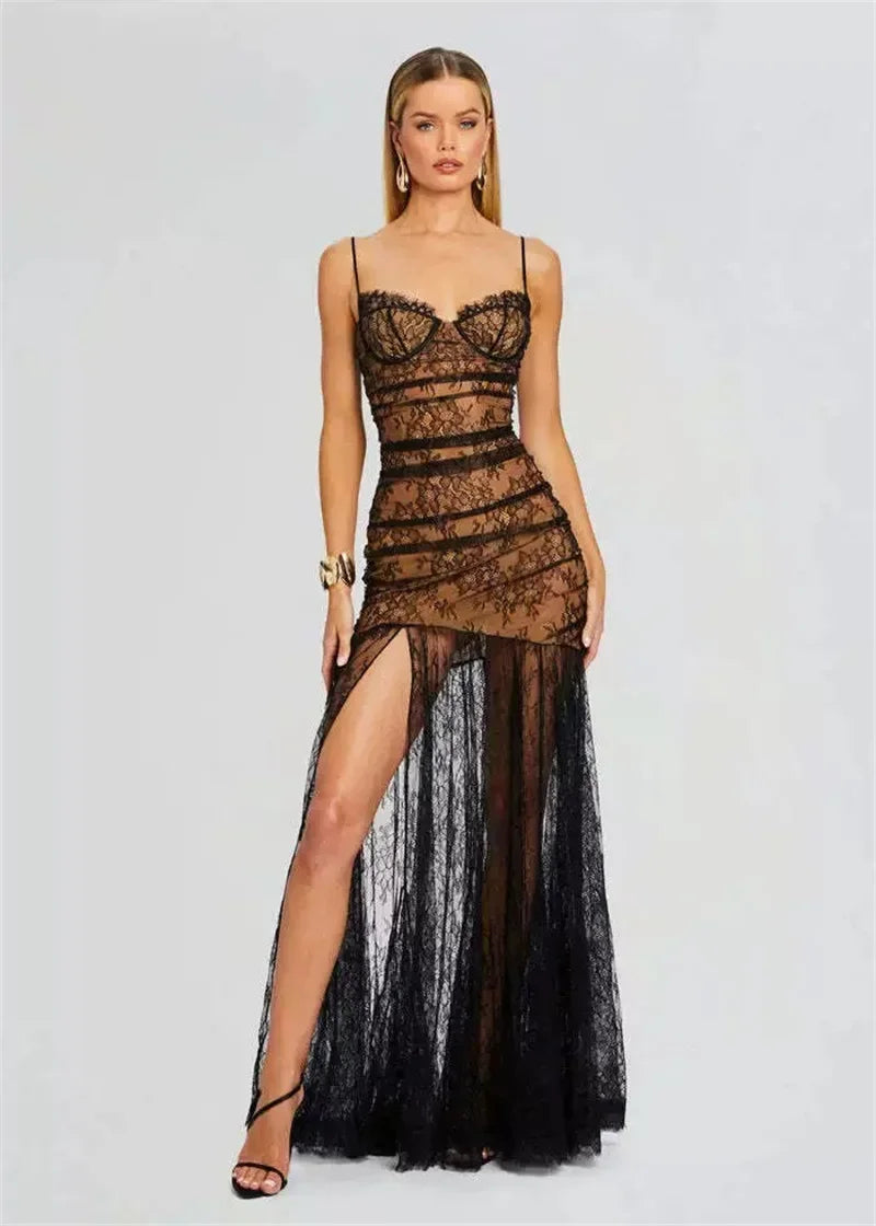 Black lace maxi gown with sheer mesh overlay for evening events
