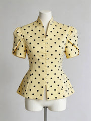 Polka Dot Puff Sleeve Mock Collar Top