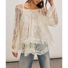 Off-shoulder lace blouse with blouson sleeves