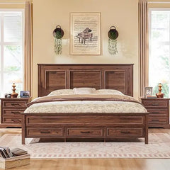 Wooden bedroom set with bed, nightstands, and headboard in a well-lit room.