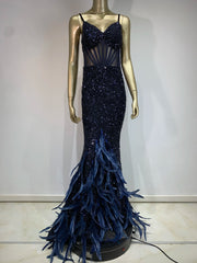 Mesh Sequins Blue Feather Long Dress