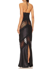 Black lace evening gown on a white background