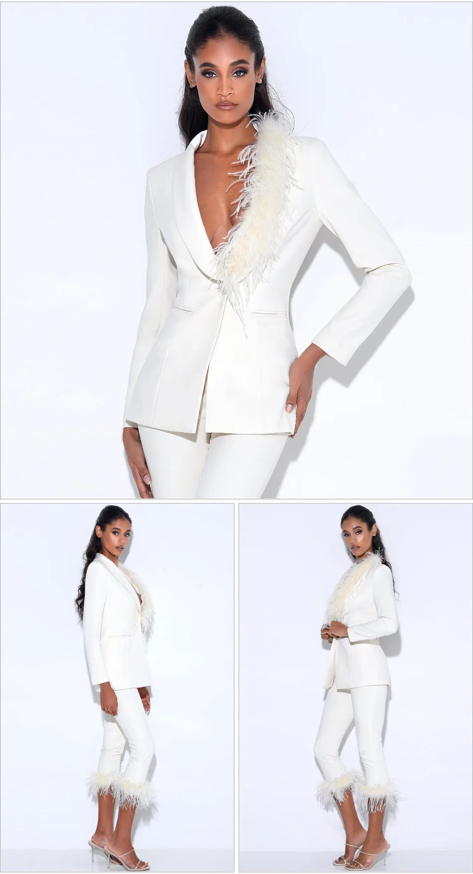 White outfit with feather details worn by a model on a white background