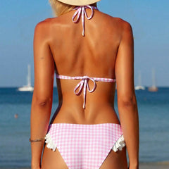 Back view of gingham ruffled bikini set