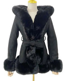 Furry Hood Suede Coat With Belt Thick Jackets for Women