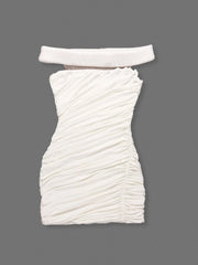 White Slash Neck Ruched Bodycon Mini Dress