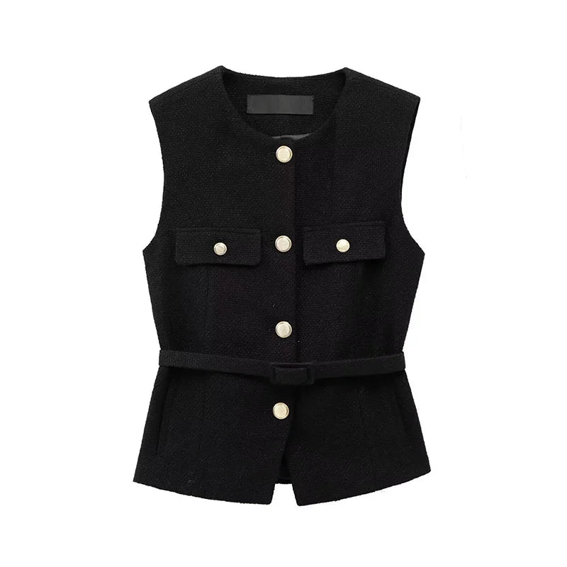 Black vest with button details on a white background