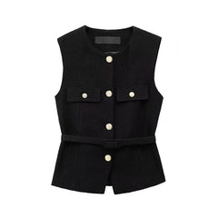Black vest with button details on a white background