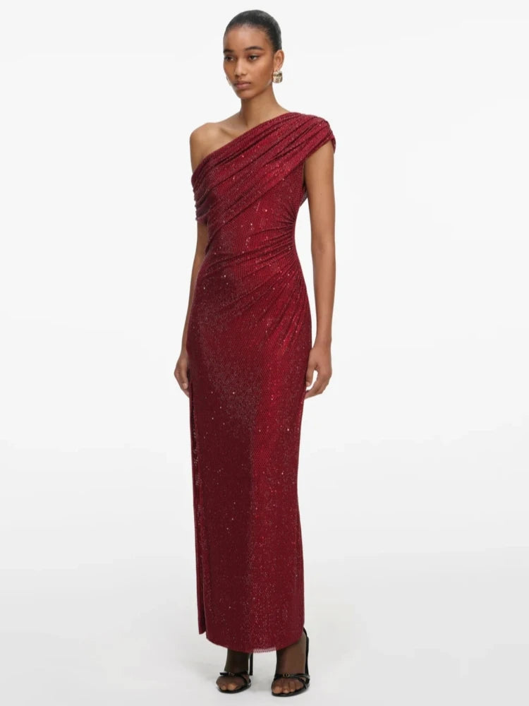 One shoulder ruched embellished gown dress
