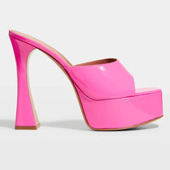 Pink patent leather platform block heel mules