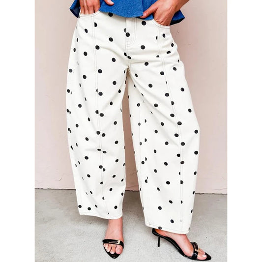 White wide leg jeans with black polka dots
