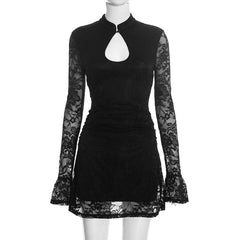 Black Lace Keyhole Mock Neck Mini Dress
