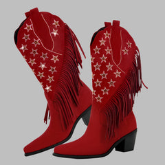 Red cowboy boots with star patterns and fringes on a white background