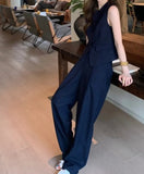 Pleated Skirt Sleeveless Button Tops & Wide Leg Pants Suits