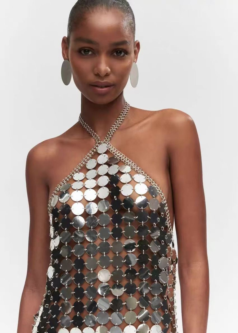 Women's V-neck Backless Silver Sequin Chain Mini Dress