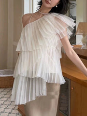 One shoulder mesh top with pleated details