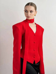 Padded Shoulder V-Neck Blazer With Scarf
