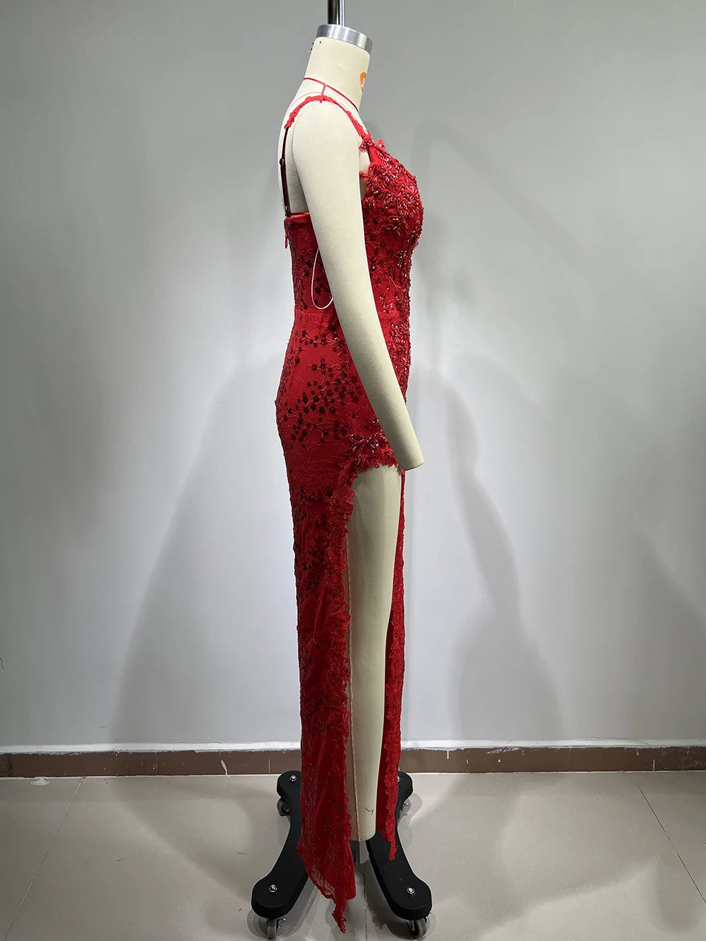 Embroidered Beading Spaghetti Strap Open Back Red Maxi Dress